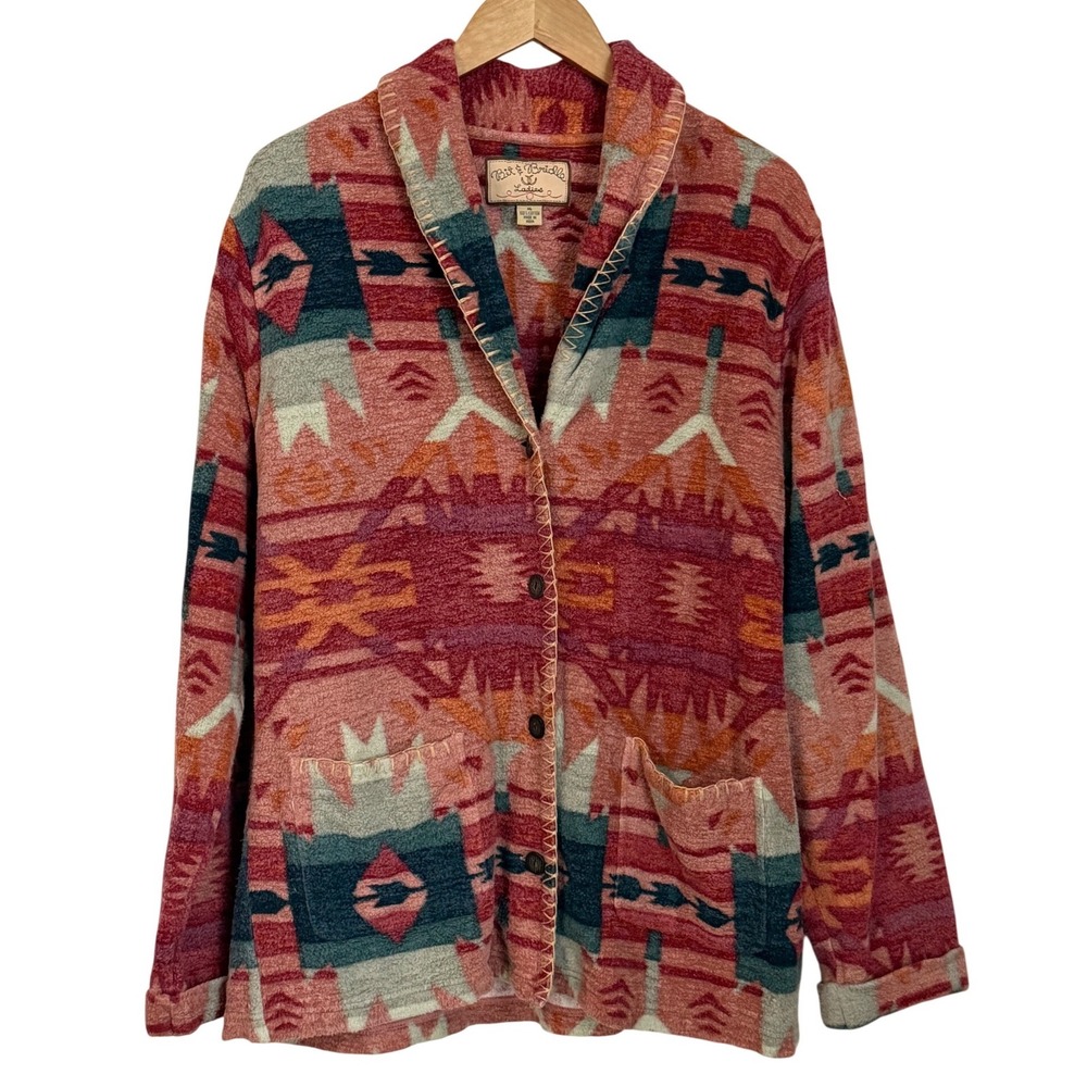 Bit & Bridle Western Button Front Cardigan Womens XL Red Fleece Western Boho - Picture 2 of 11